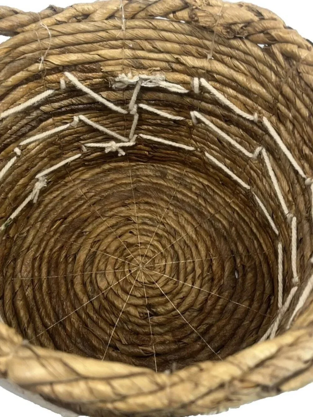Woven Banana Leaf Coiled Basket 2 Handles- Rustic Boho Planter String Detail